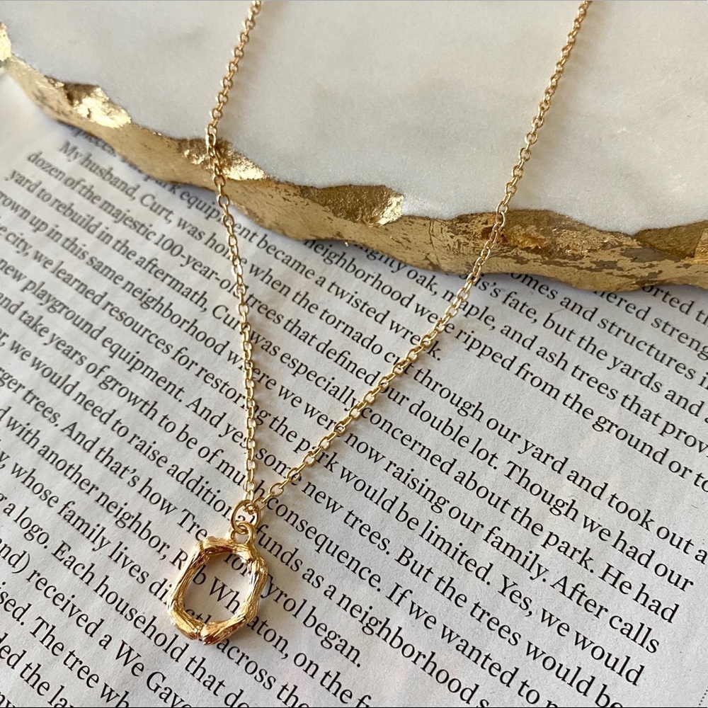 Gold Initial Letter Necklace Bamboo Charm Link O